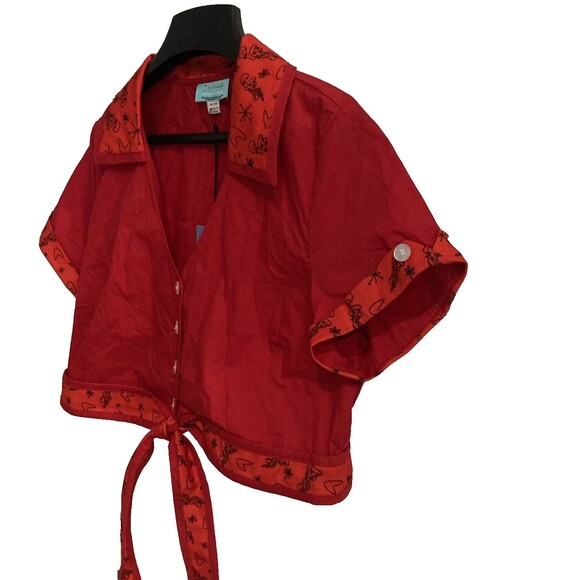 Unique Vintage X Jetson's XL Red Tie Front Crop Top Button Up Collared Shirt NWT - Picture 6 of 16